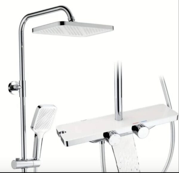 Sistem de duș aparent cu baterie termostatată cromată cu etajeră 40 cm